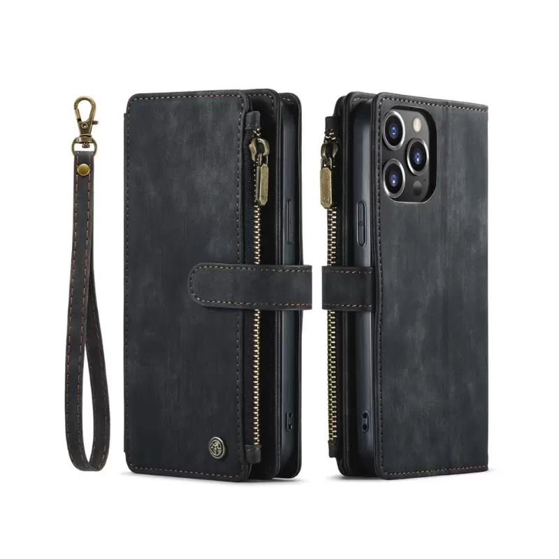 iPhone 15/iPhone 14/iPhone 13 Premio Wallet Luxury with Zipper Case Black